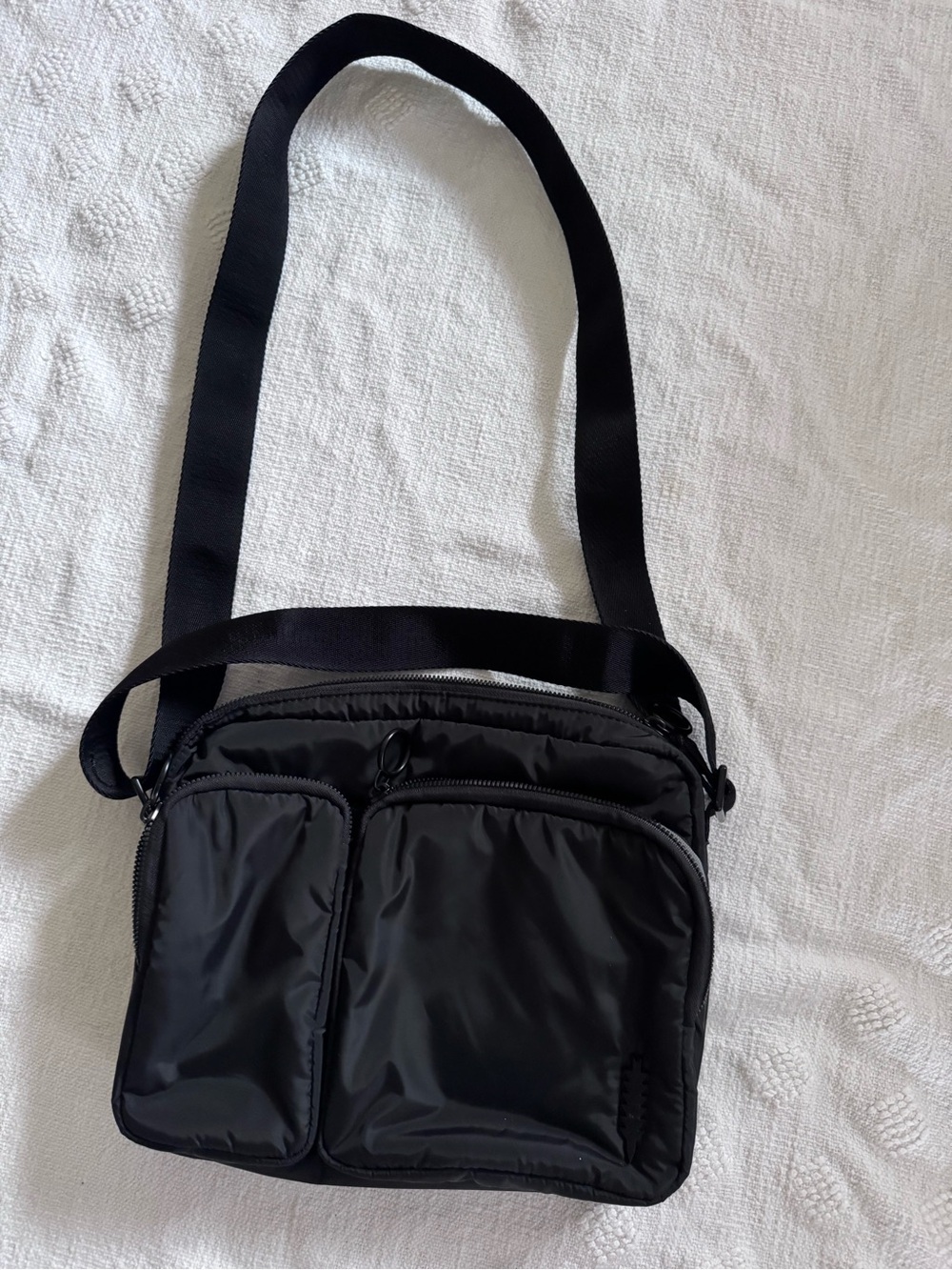Thacker New York crossbody purse Black 
Width 11”
Length 9”